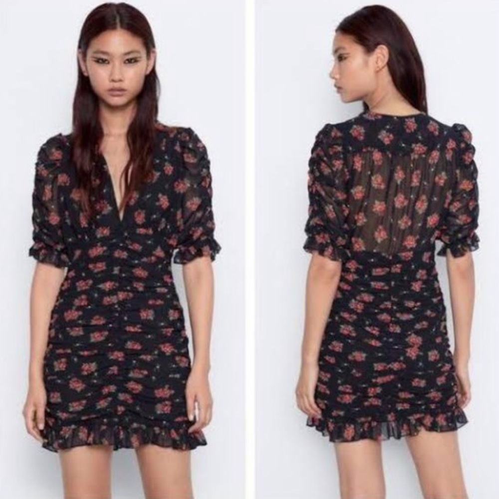 Zara Floral Ruched Mini Dress Mesh Ruffle Plunge V-Neck Puff Sleeve Black S - Picture 3 of 10